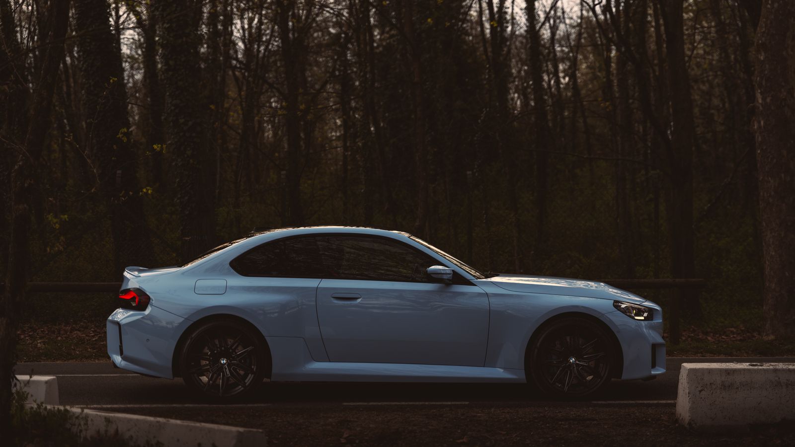 A pale blue BMW M2 in profile against a dark wall of bare trees at dusk