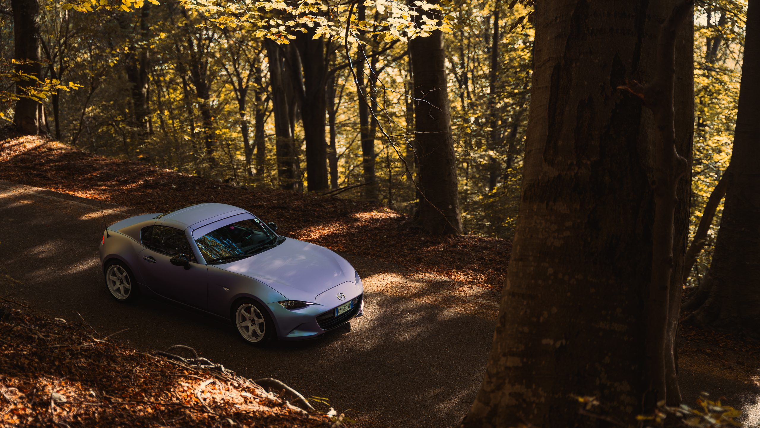A matte lilac Mazda MX-5 RF with white wheels on a narrow road through an autumn beech forest, sun breaking through the leaves